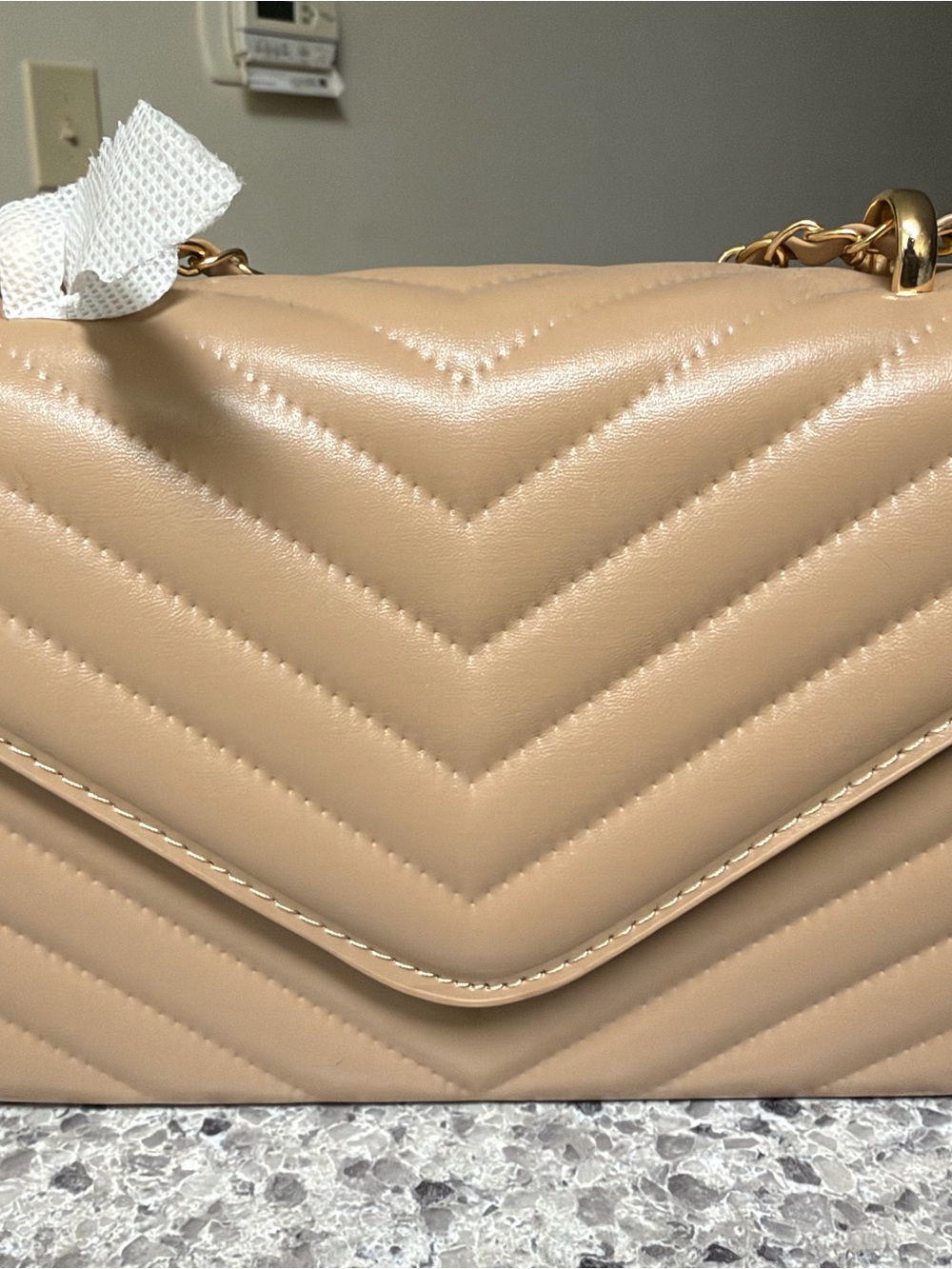 Quilted Chevron Shoulder Bag in Beige
